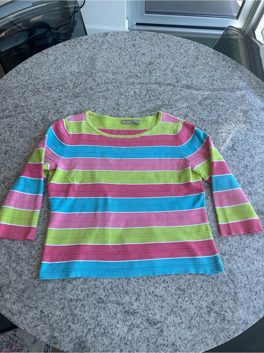 Colorful Stripe 3/4 Sleeve Top - Pink/Blue/Green